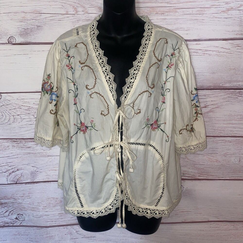 Jennifer & Grace Womens 1X White Cotton Embroidered Crochet Tie Blouse B13